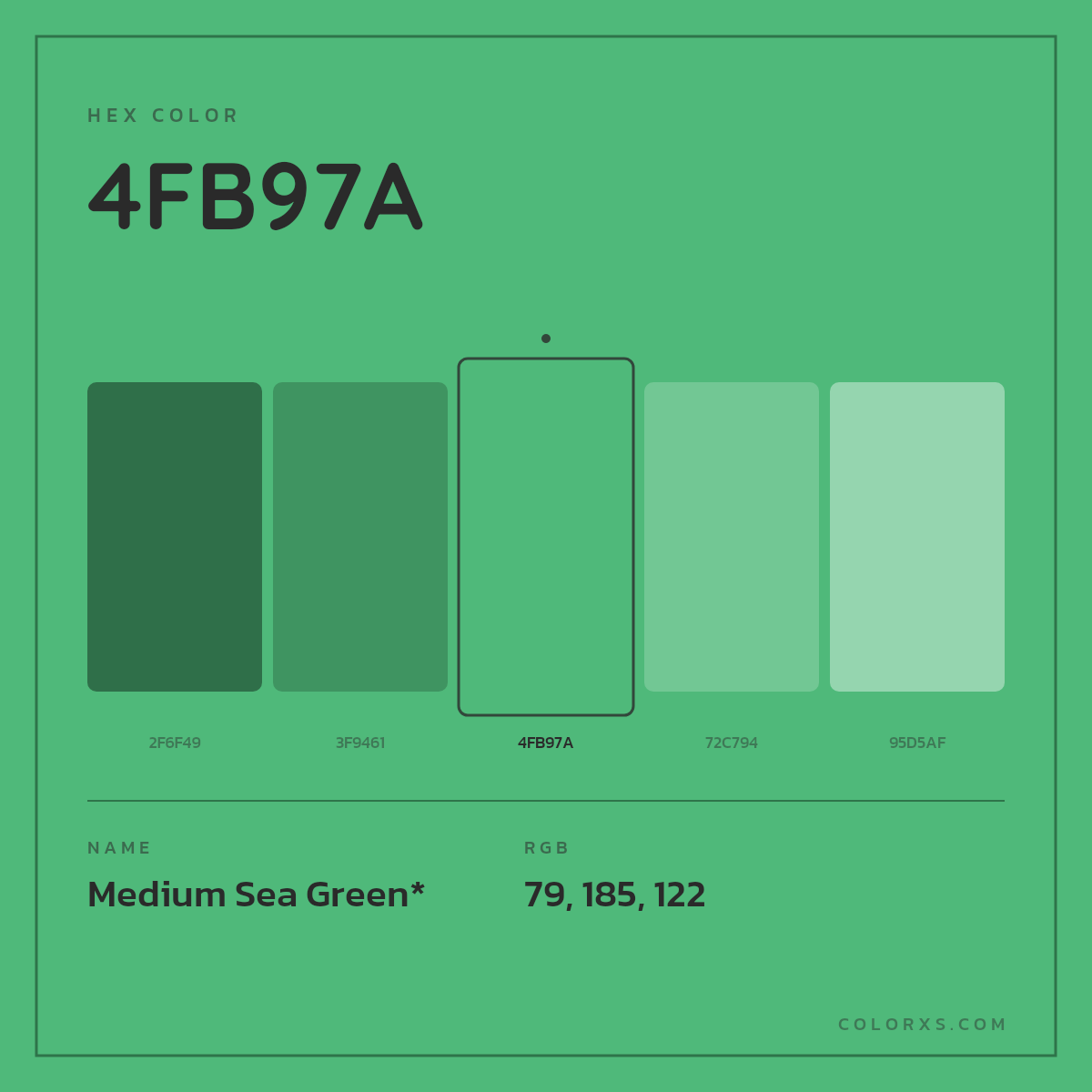 #4FB97A hex color. RGB, RYB, CMYK, HSL, HSV codes and color conversions. Matching color names, palettes, paints.