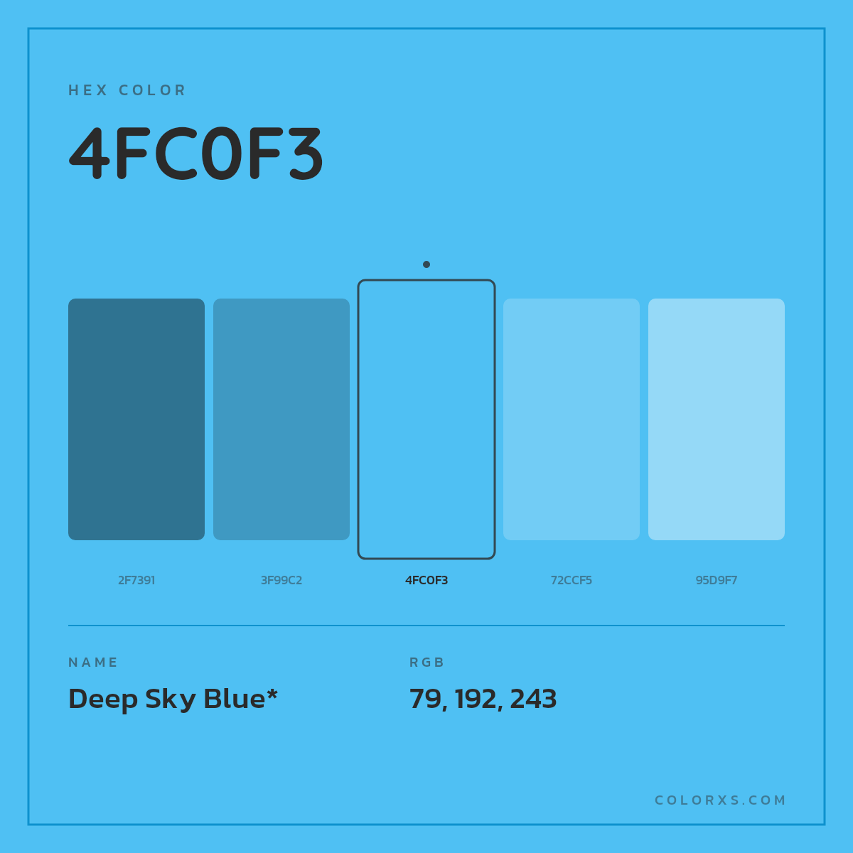 #4FC0F3 hex color. RGB, RYB, CMYK, HSL, HSV codes and color conversions. Matching color names, palettes, paints.