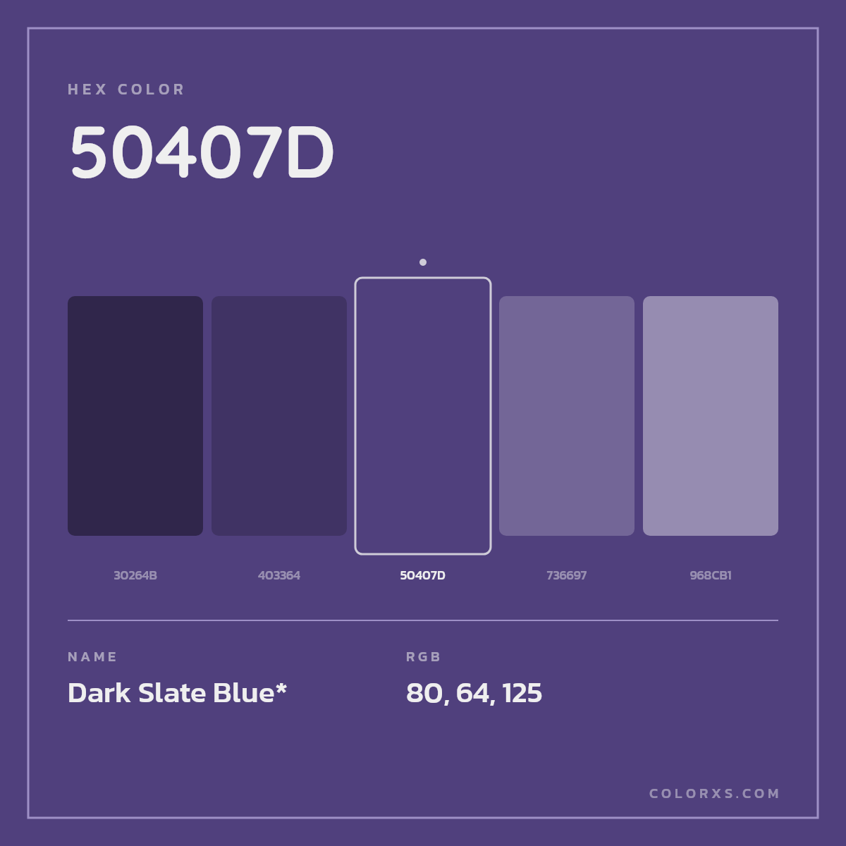 #50407D hex color. RGB, RYB, CMYK, HSL, HSV codes and color conversions. Matching color names, palettes, paints.