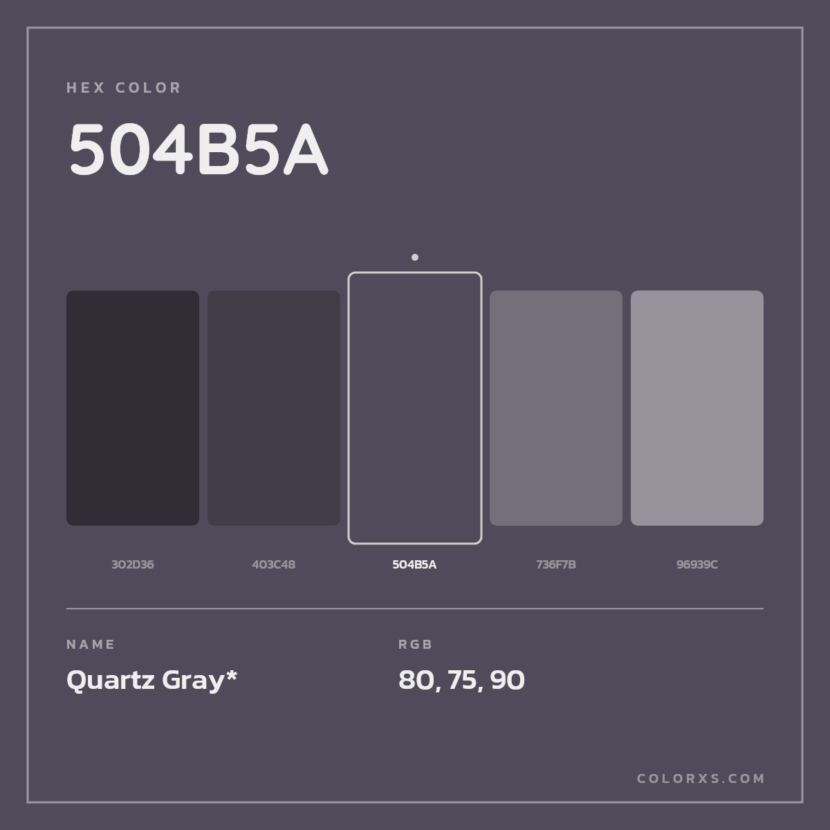 #504B5A hex color. RGB, RYB, CMYK, HSL, HSV codes and color conversions. Matching color names, palettes, paints.