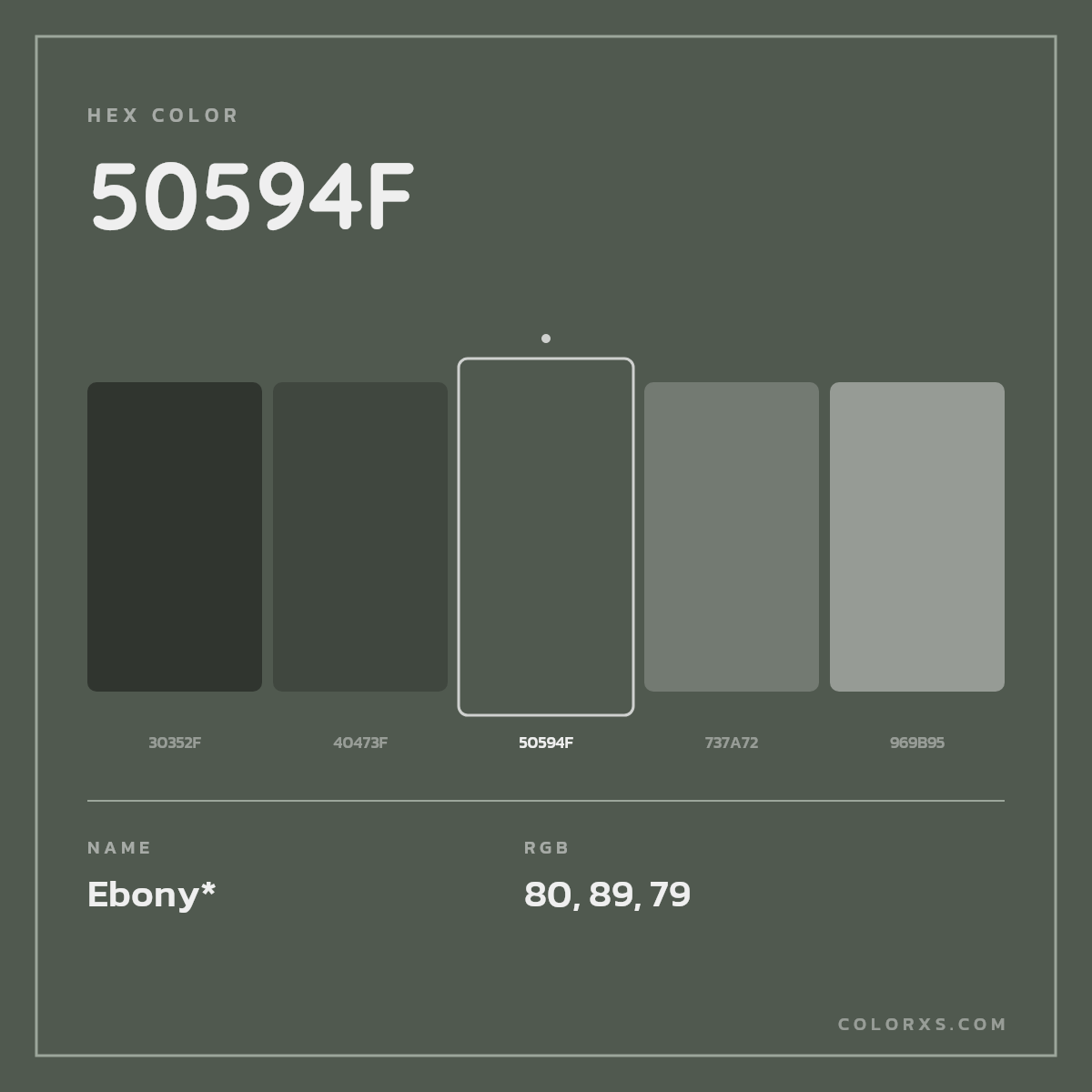 #50594F hex color. RGB, RYB, CMYK, HSL, HSV codes and color conversions. Matching color names, palettes, paints.