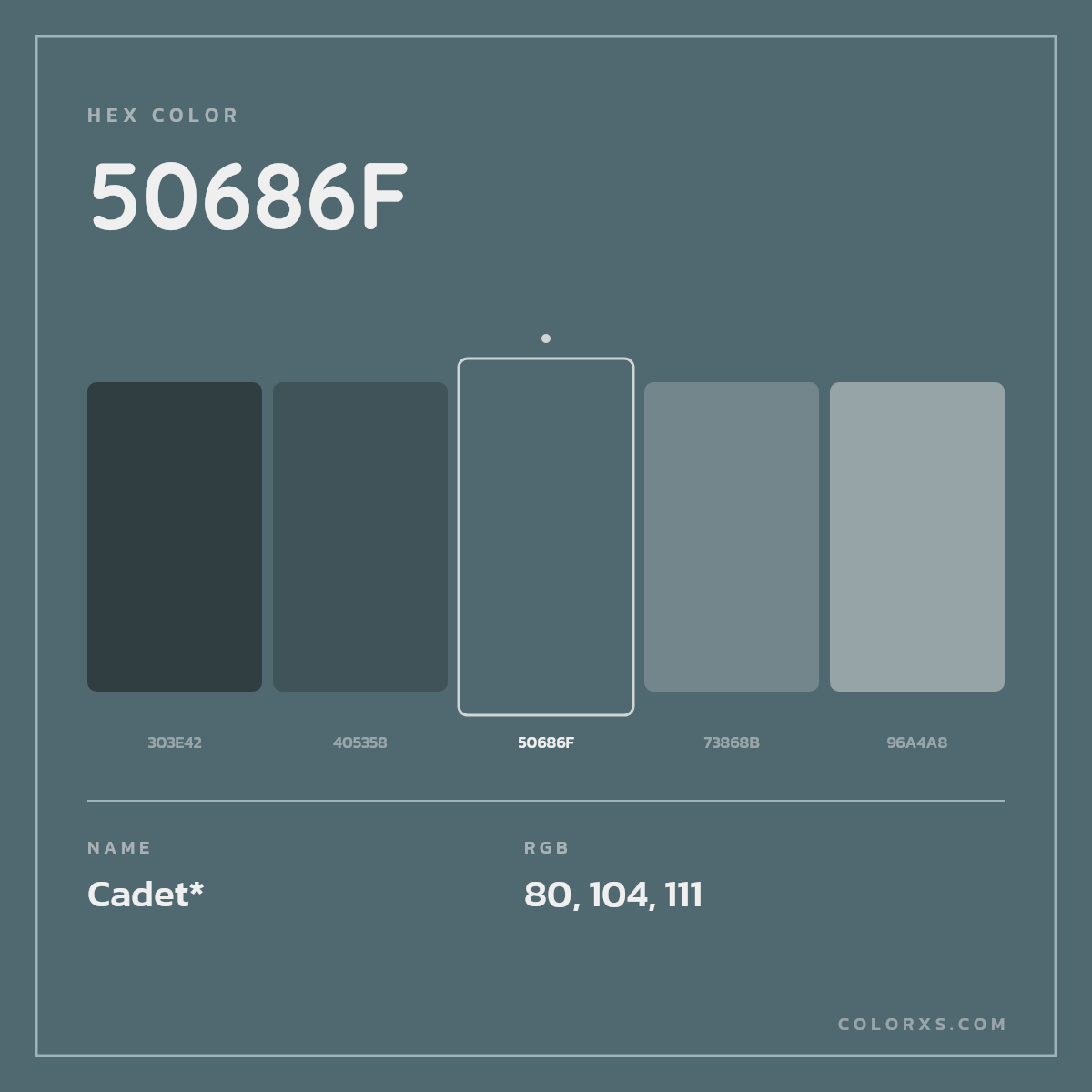 #50686F hex color. RGB, RYB, CMYK, HSL, HSV codes and color conversions. Matching color names, palettes, paints.