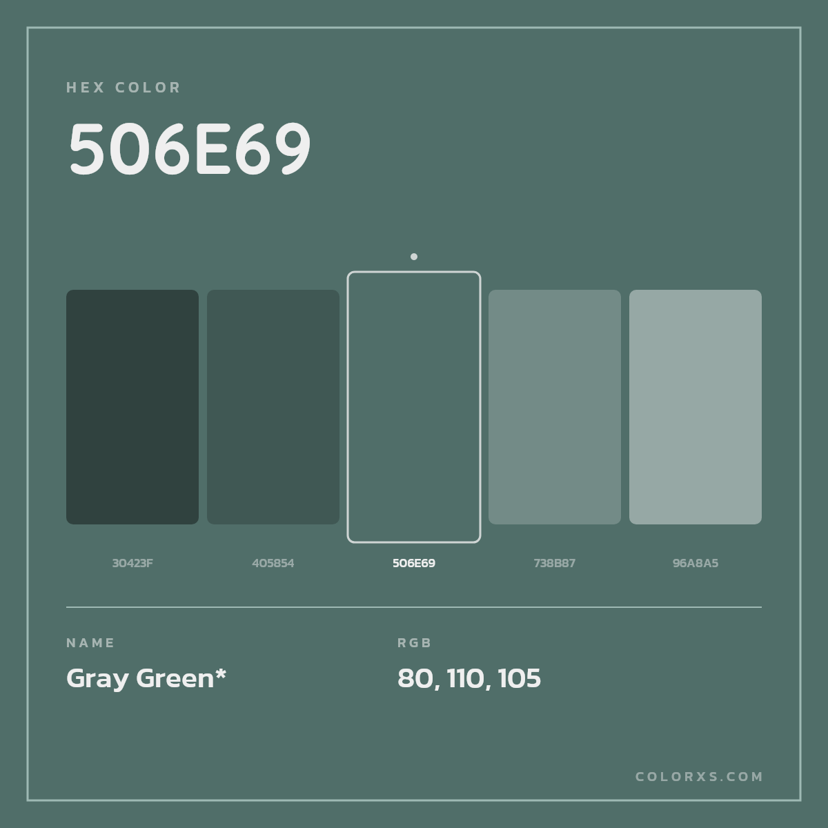 #506E69 hex color. RGB, RYB, CMYK, HSL, HSV codes and color conversions. Matching color names, palettes, paints.