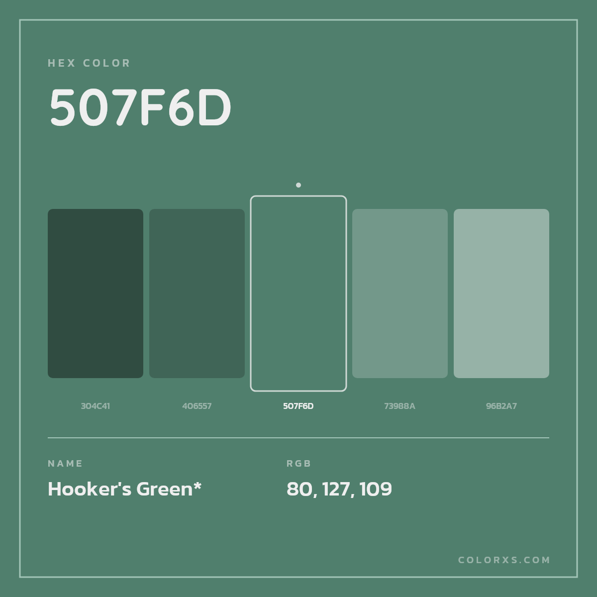 #507F6D hex color. RGB, RYB, CMYK, HSL, HSV codes and color conversions. Matching color names, palettes, paints.