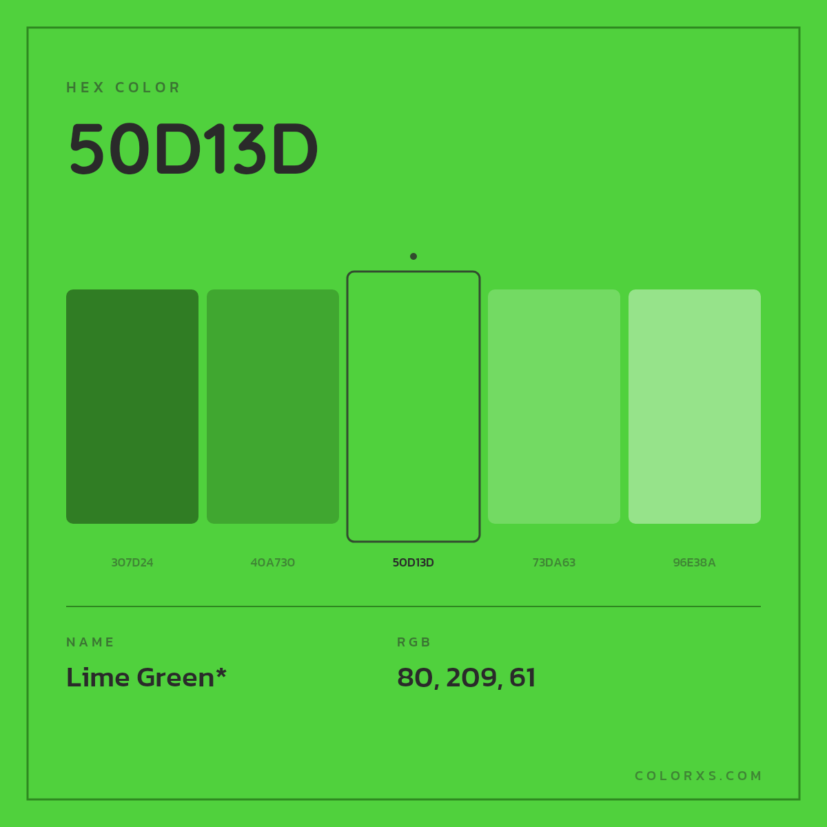 #50D13D hex color. RGB, RYB, CMYK, HSL, HSV codes and color conversions. Matching color names, palettes, paints.