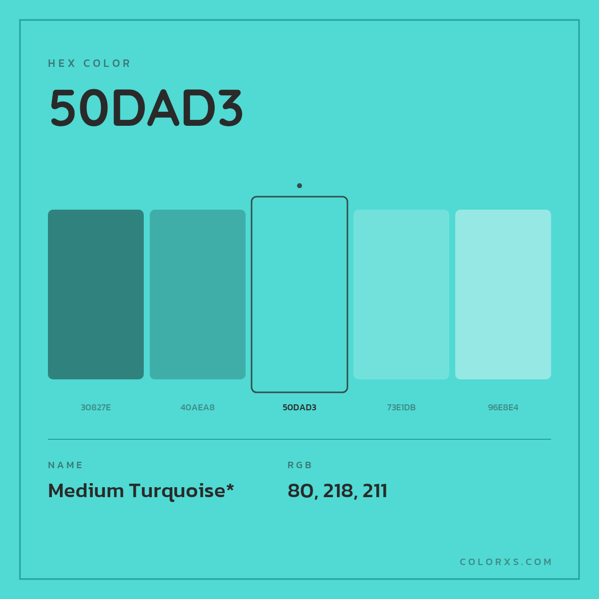 #50DAD3 hex color. RGB, RYB, CMYK, HSL, HSV codes and color conversions. Matching color names, palettes, paints.