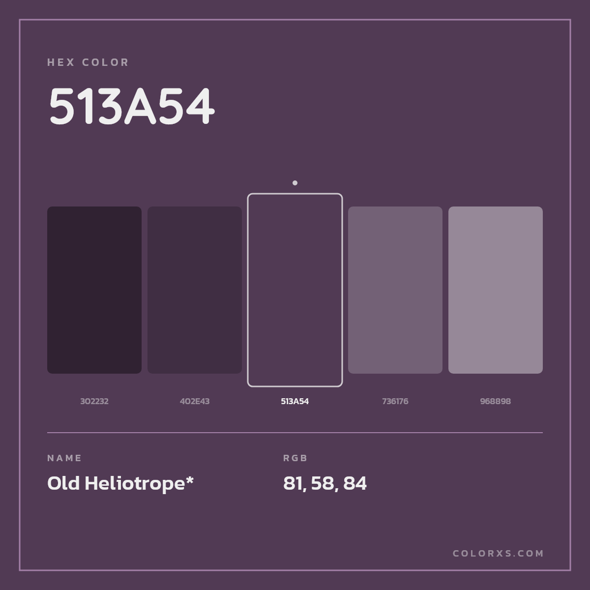 #513A54 hex color. RGB, RYB, CMYK, HSL, HSV codes and color conversions. Matching color names, palettes, paints.
