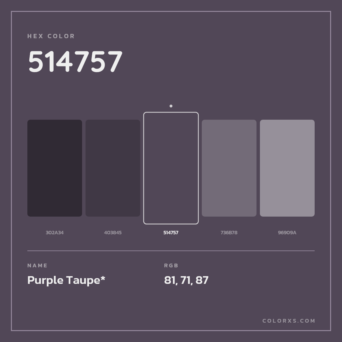 #514757 hex color. RGB, RYB, CMYK, HSL, HSV codes and color conversions. Matching color names, palettes, paints.