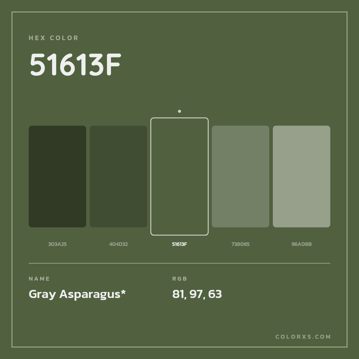 #51613F hex color. RGB, RYB, CMYK, HSL, HSV codes and color conversions. Matching color names, palettes, paints.