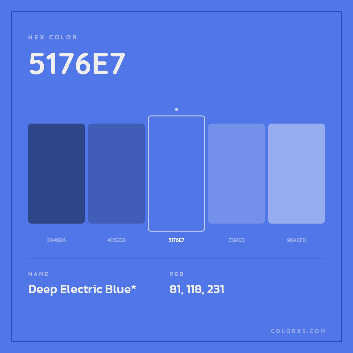 #5176E7 hex color. RGB, RYB, CMYK, HSL, HSV codes and color conversions. Matching color names, palettes, paints.