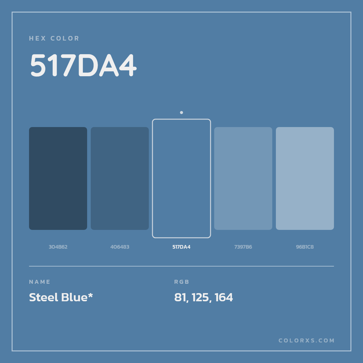 #517DA4 hex color. RGB, RYB, CMYK, HSL, HSV codes and color conversions. Matching color names, palettes, paints.