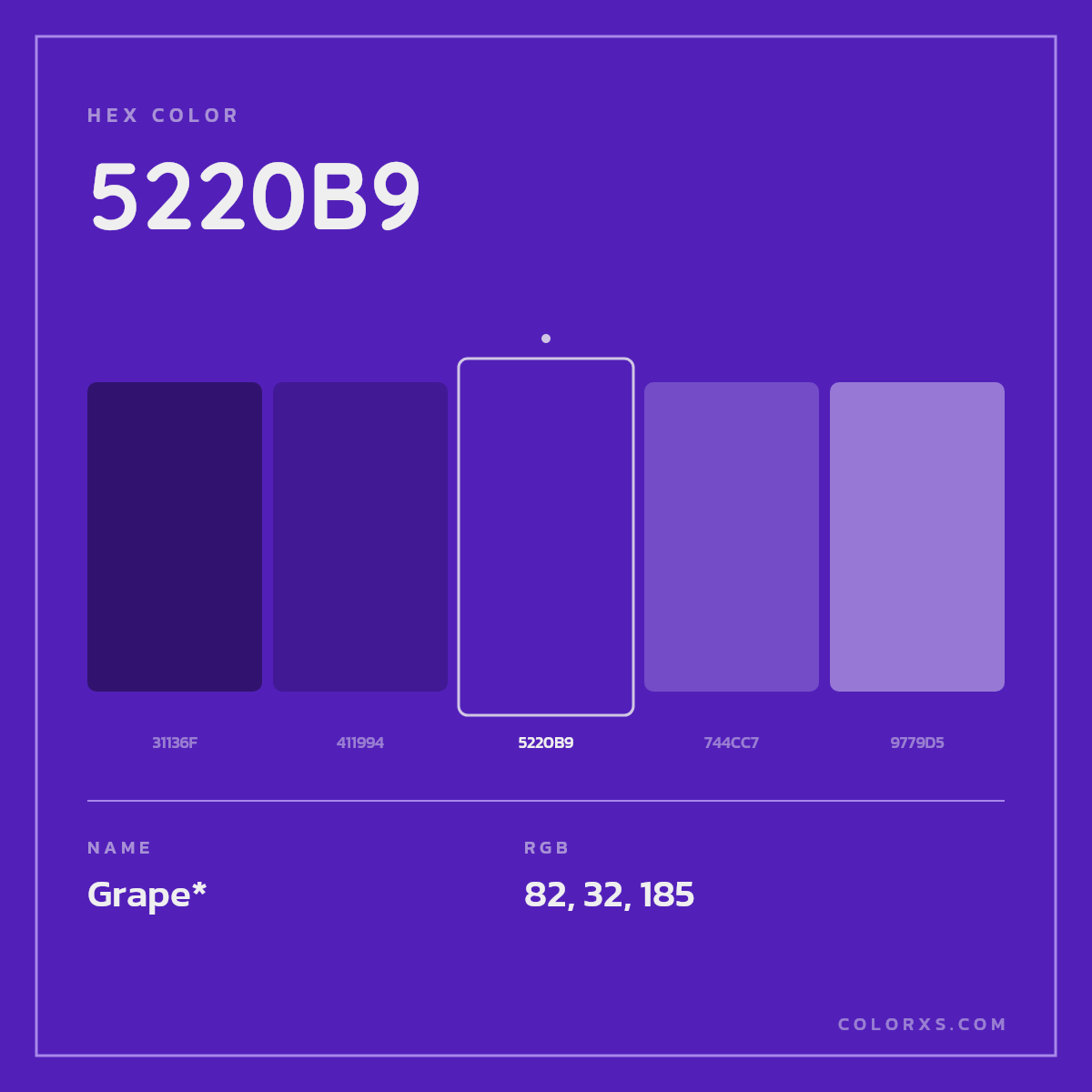 #5220B9 hex color. RGB, RYB, CMYK, HSL, HSV codes and color conversions. Matching color names, palettes, paints.