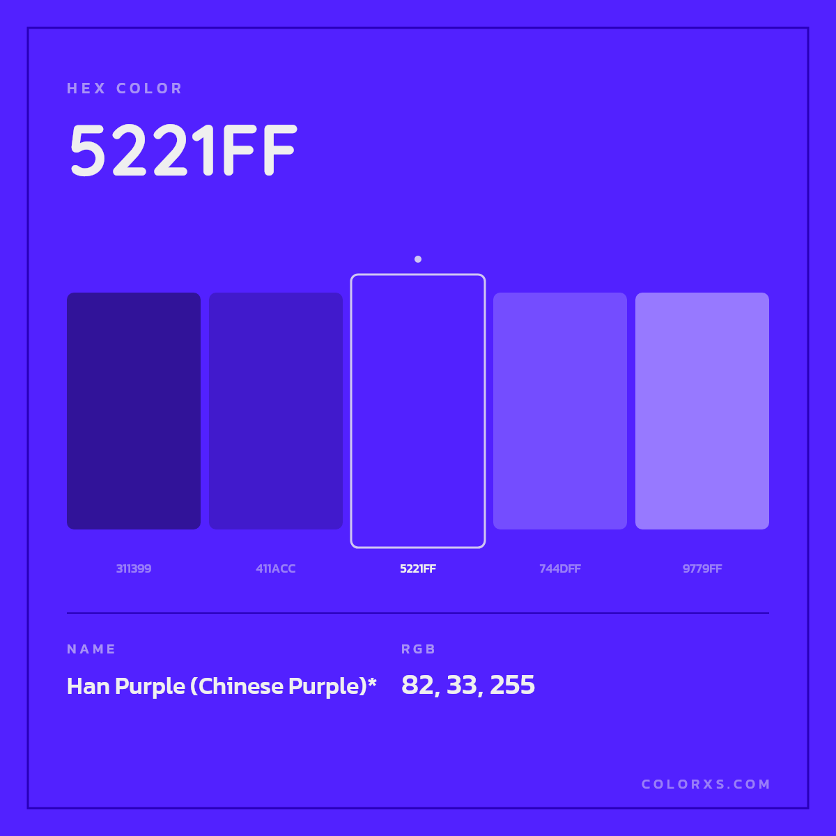 #5221FF hex color. RGB, RYB, CMYK, HSL, HSV codes and color conversions. Matching color names, palettes, paints.