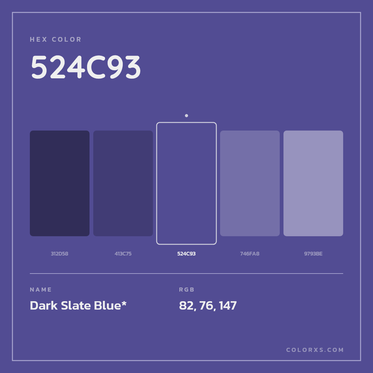 #524C93 hex color. RGB, RYB, CMYK, HSL, HSV codes and color conversions. Matching color names, palettes, paints.