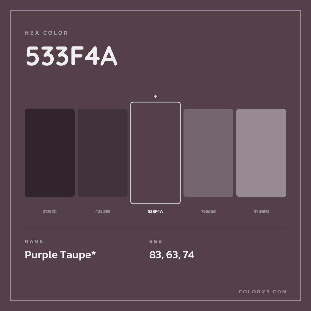#533F4A hex color. RGB, RYB, CMYK, HSL, HSV codes and color conversions. Matching color names, palettes, paints.