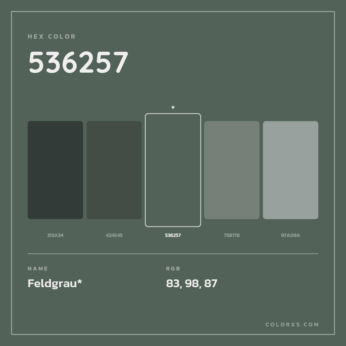 #536257 hex color. RGB, RYB, CMYK, HSL, HSV codes and color conversions. Matching color names, palettes, paints.