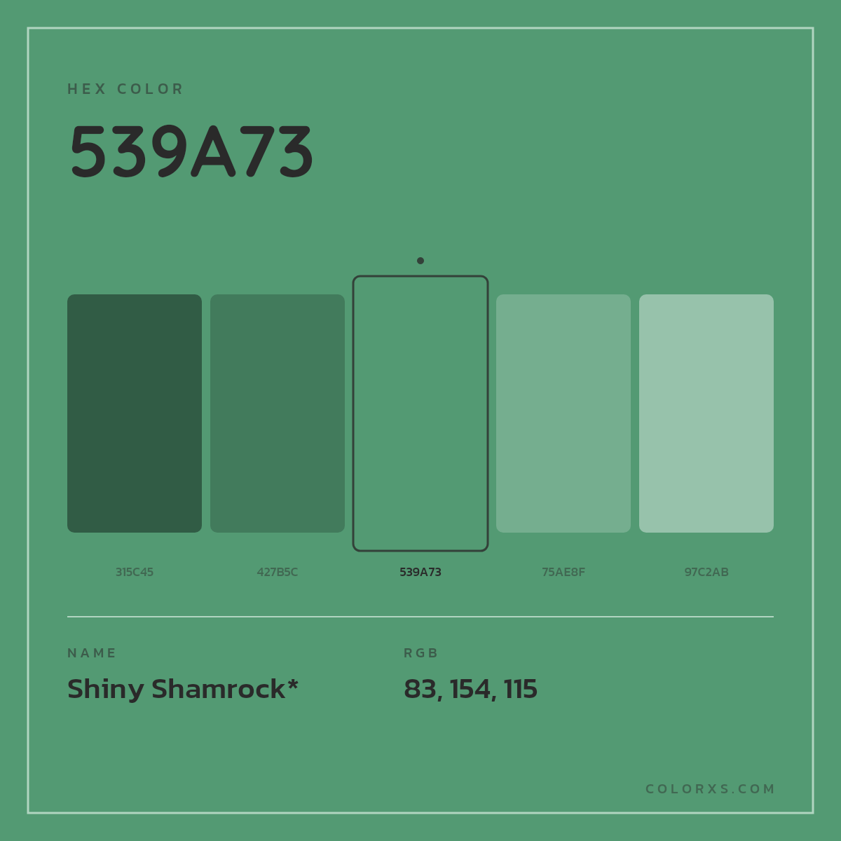 #539A73 hex color. RGB, RYB, CMYK, HSL, HSV codes and color conversions. Matching color names, palettes, paints.