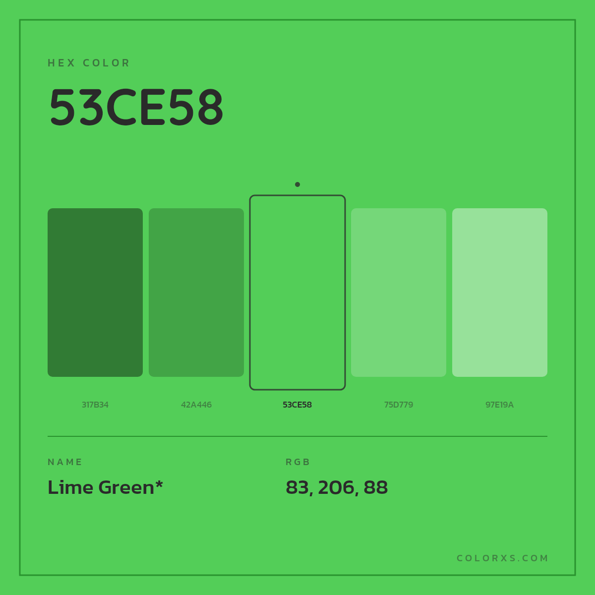 #53CE58 hex color. RGB, RYB, CMYK, HSL, HSV codes and color conversions. Matching color names, palettes, paints.