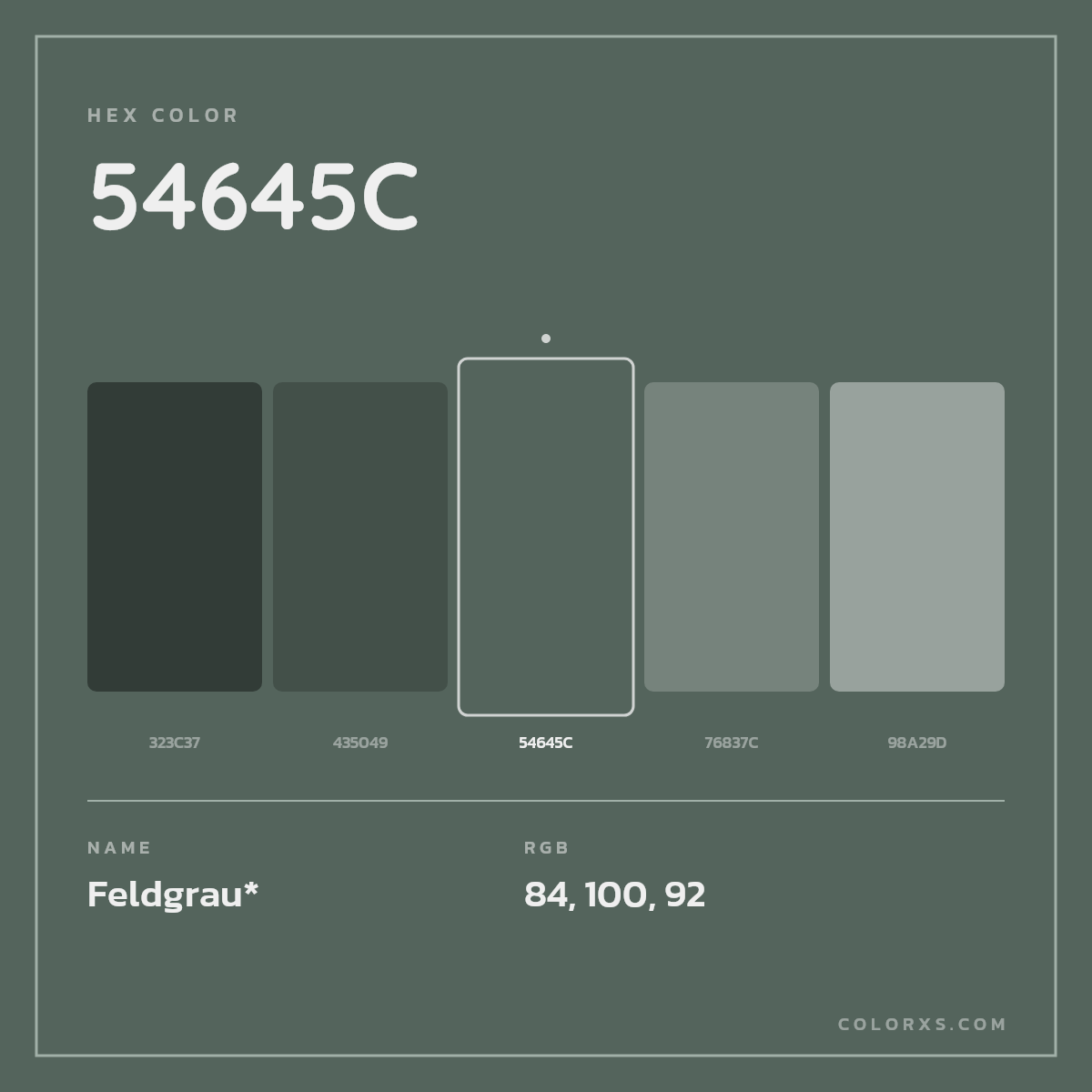 #54645C hex color. RGB, RYB, CMYK, HSL, HSV codes and color conversions. Matching color names, palettes, paints.