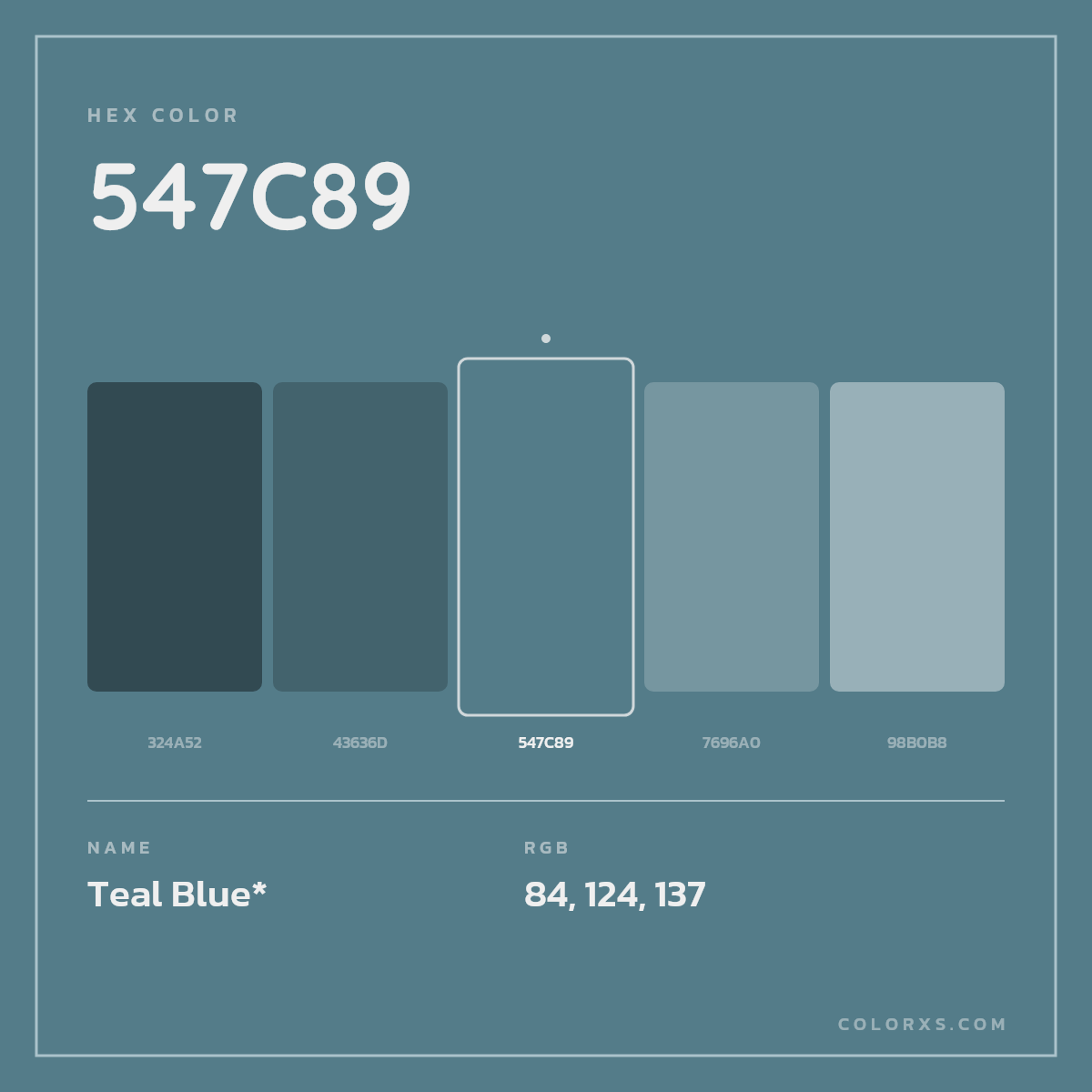 #547C89 hex color. RGB, RYB, CMYK, HSL, HSV codes and color conversions. Matching color names, palettes, paints.