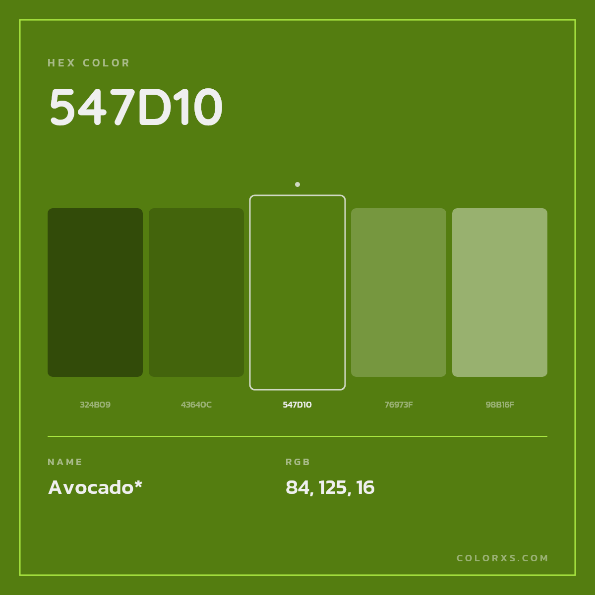 #547D10 hex color. RGB, RYB, CMYK, HSL, HSV codes and color conversions. Matching color names, palettes, paints.