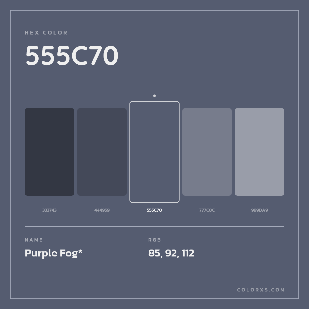 #555C70 hex color. RGB, RYB, CMYK, HSL, HSV codes and color conversions. Matching color names, palettes, paints.