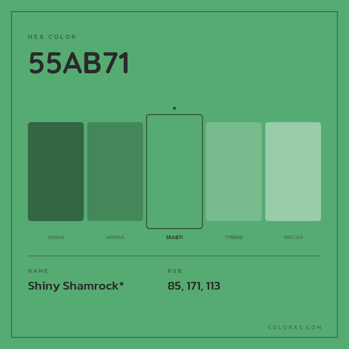 #55AB71 hex color. RGB, RYB, CMYK, HSL, HSV codes and color conversions. Matching color names, palettes, paints.