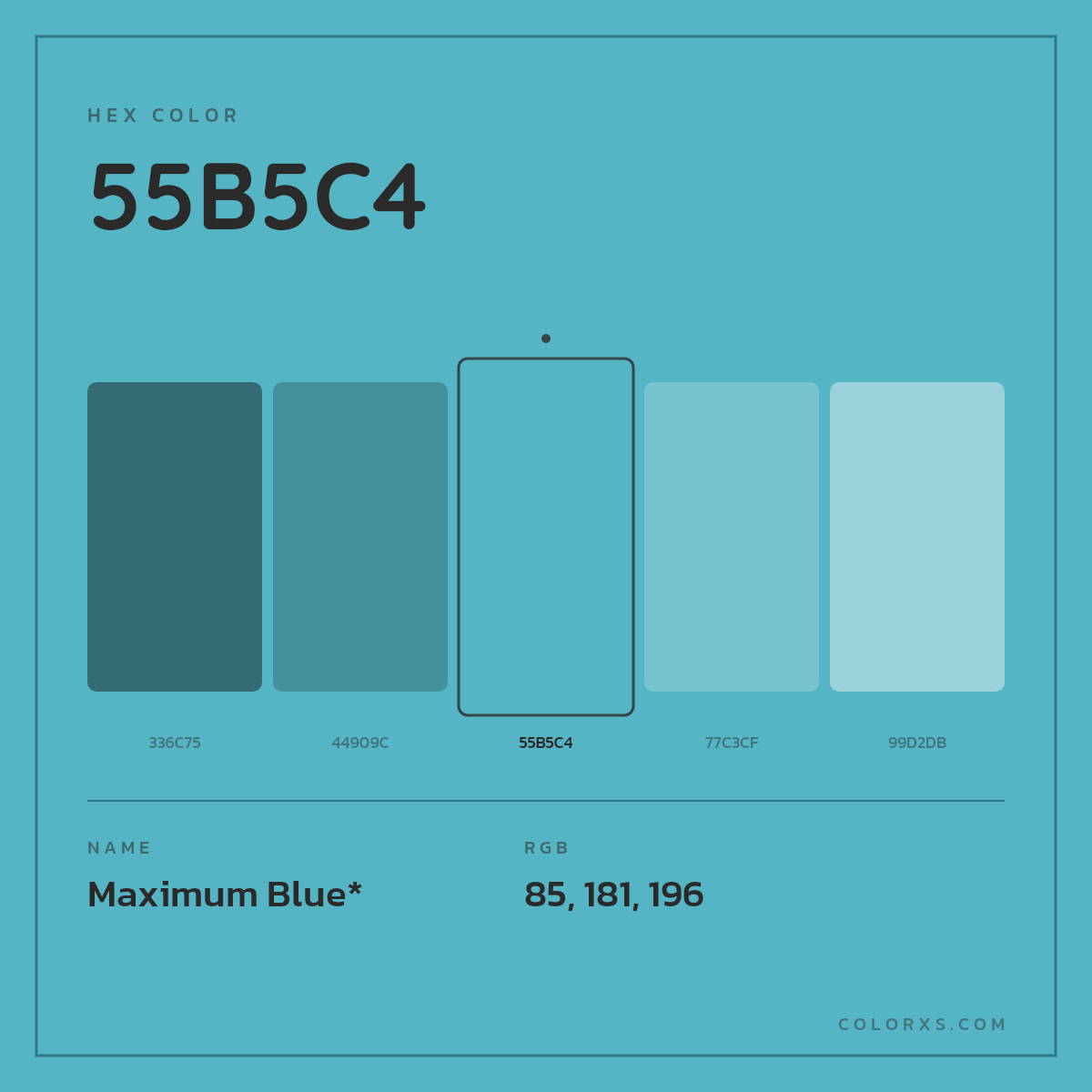 #55B5C4 hex color. RGB, RYB, CMYK, HSL, HSV codes and color conversions. Matching color names, palettes, paints.
