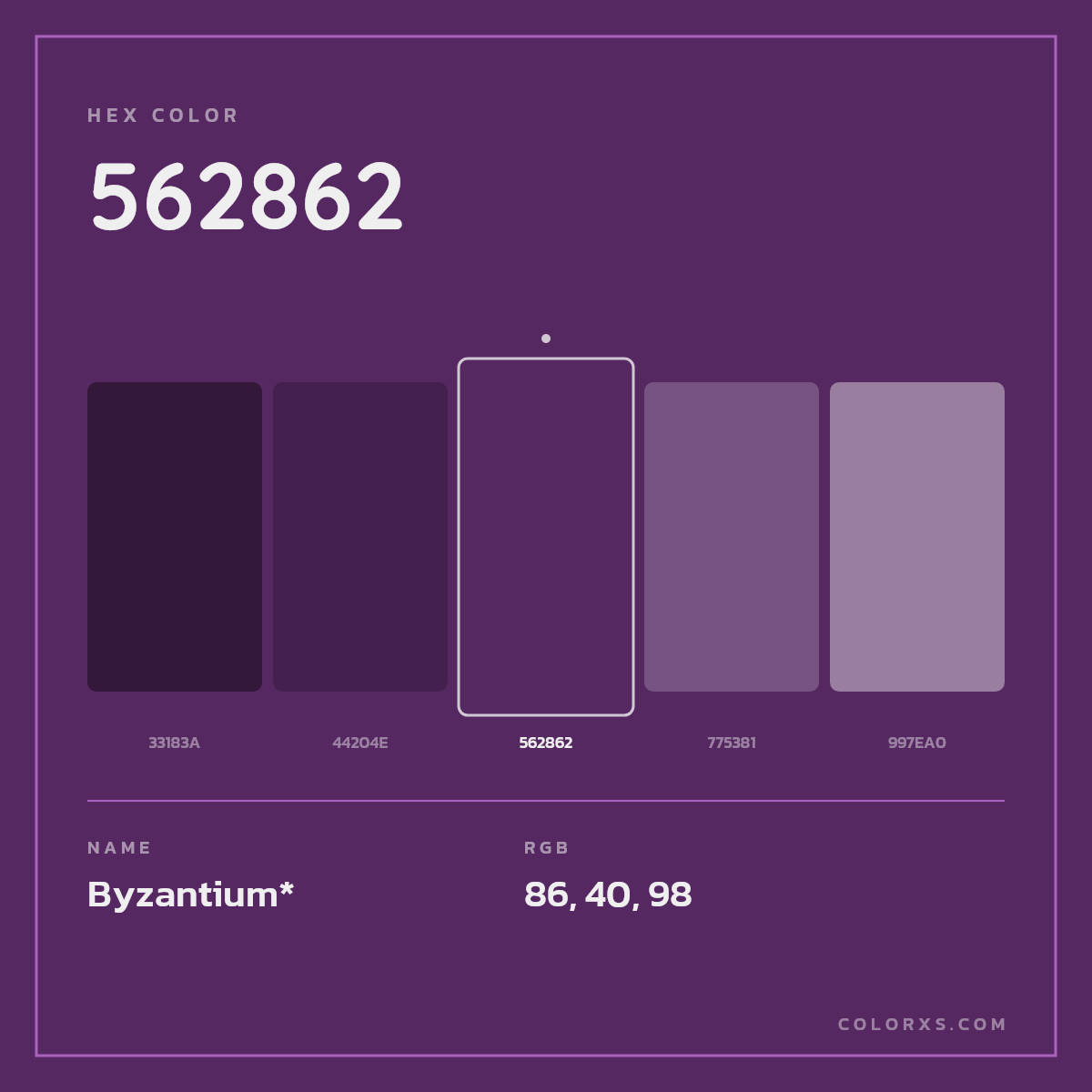 #562862 hex color. RGB, RYB, CMYK, HSL, HSV codes and color conversions. Matching color names, palettes, paints.