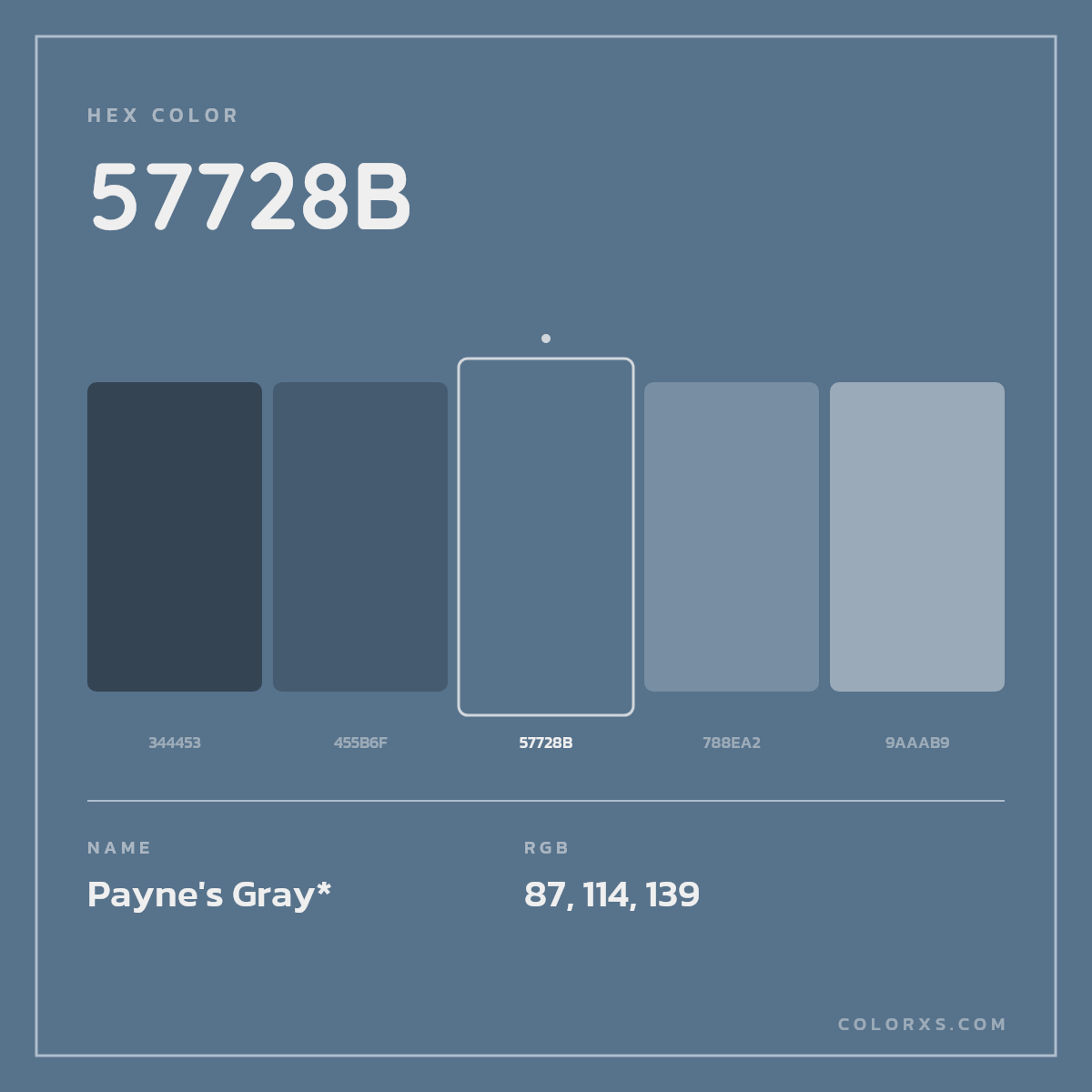 #57728B hex color. RGB, RYB, CMYK, HSL, HSV codes and color conversions. Matching color names, palettes, paints.