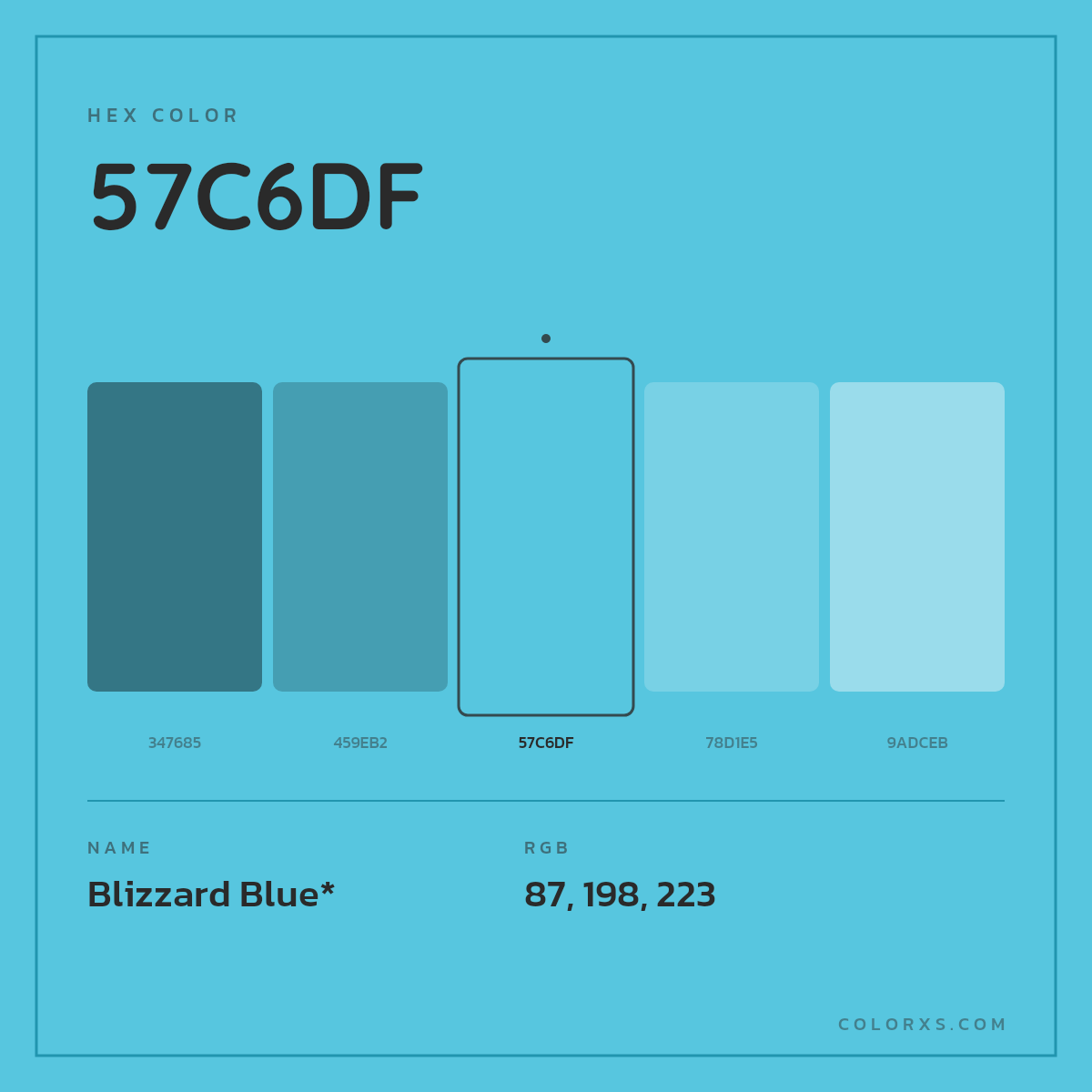 #57C6DF hex color. RGB, RYB, CMYK, HSL, HSV codes and color conversions. Matching color names, palettes, paints.