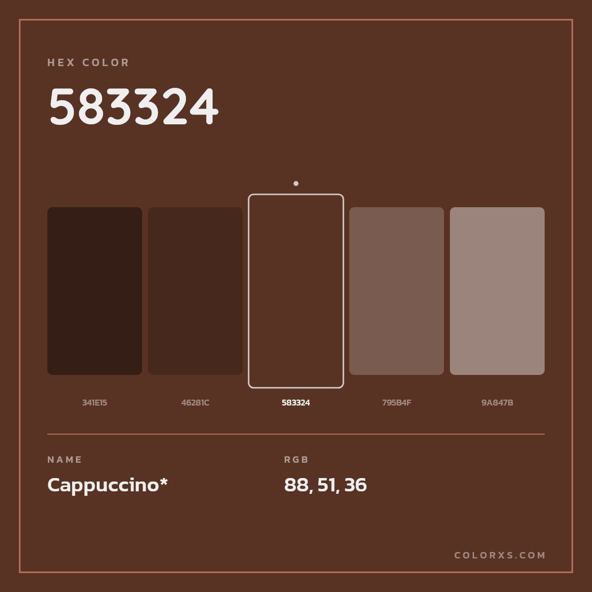 #583324 hex color. RGB, RYB, CMYK, HSL, HSV codes and color conversions. Matching color names, palettes, paints.