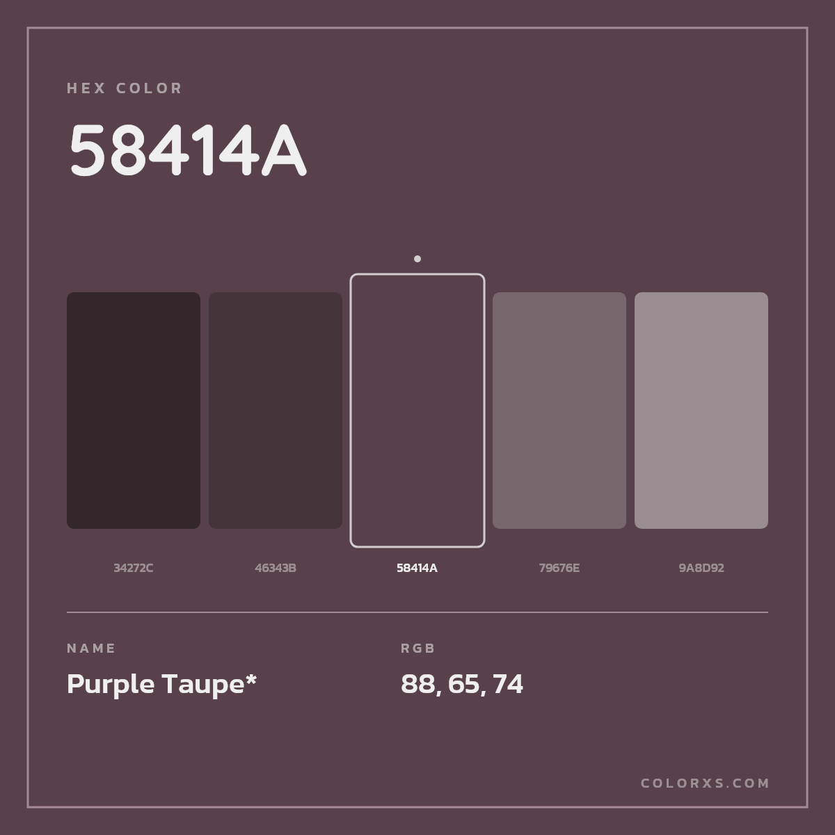 #58414A hex color. RGB, RYB, CMYK, HSL, HSV codes and color conversions. Matching color names, palettes, paints.