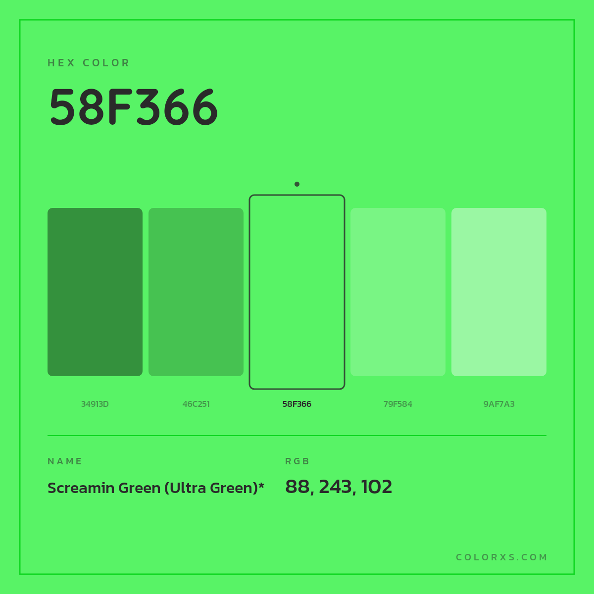 #58F366 hex color. RGB, RYB, CMYK, HSL, HSV codes and color conversions. Matching color names, palettes, paints.