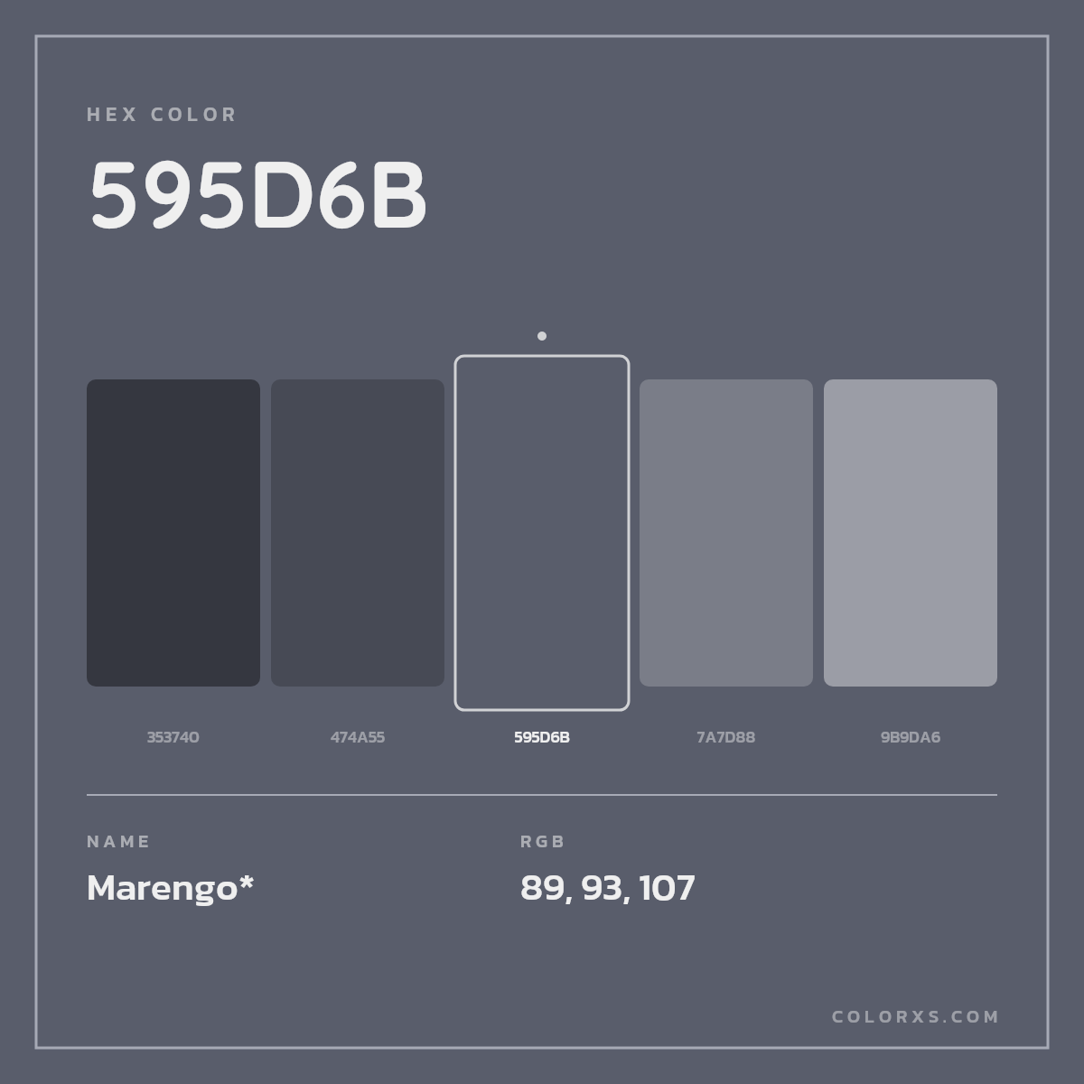 #595D6B hex color. RGB, RYB, CMYK, HSL, HSV codes and color conversions. Matching color names, palettes, paints.