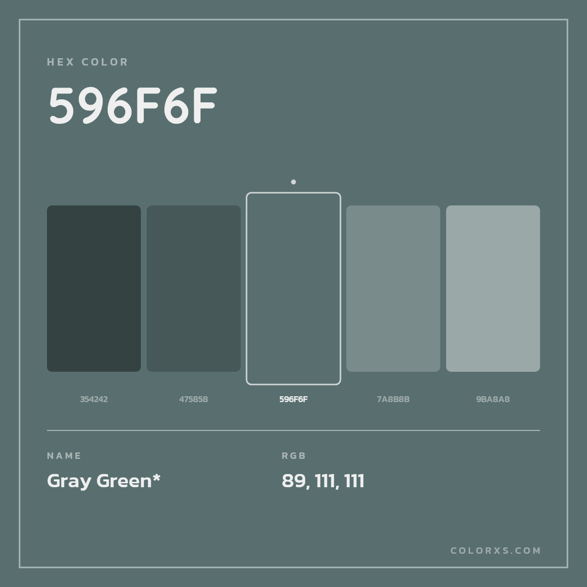 #596F6F hex color. RGB, RYB, CMYK, HSL, HSV codes and color conversions. Matching color names, palettes, paints.