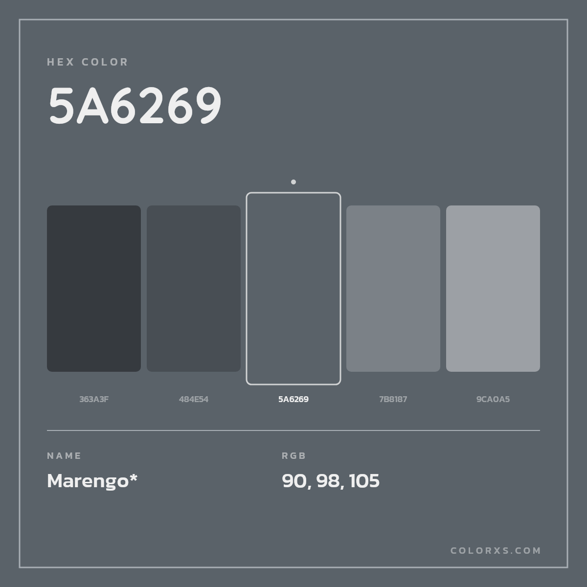 #5A6269 hex color. RGB, RYB, CMYK, HSL, HSV codes and color conversions. Matching color names, palettes, paints.