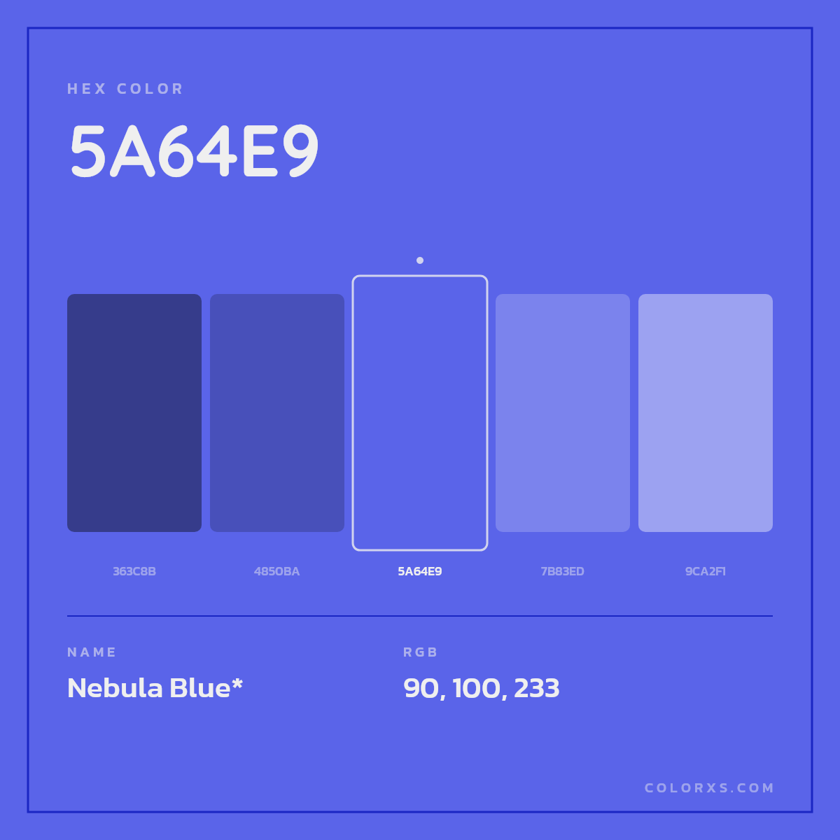 #5A64E9 hex color. RGB, RYB, CMYK, HSL, HSV codes and color conversions. Matching color names, palettes, paints.