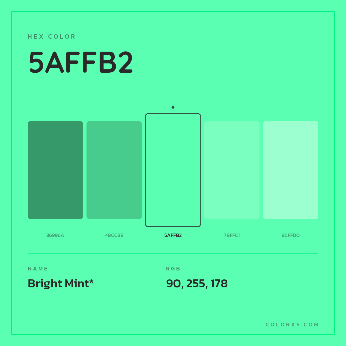 #5AFFB2 hex color. RGB, RYB, CMYK, HSL, HSV codes and color conversions. Matching color names, palettes, paints.