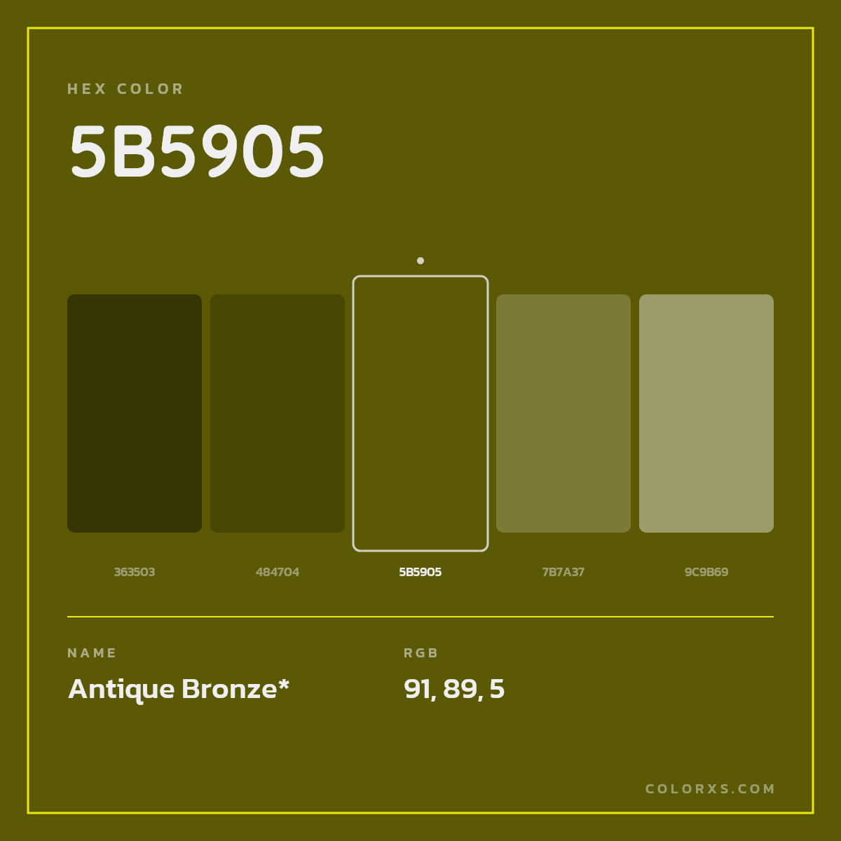 #5B5905 hex color. RGB, RYB, CMYK, HSL, HSV codes and color conversions. Matching color names, palettes, paints.