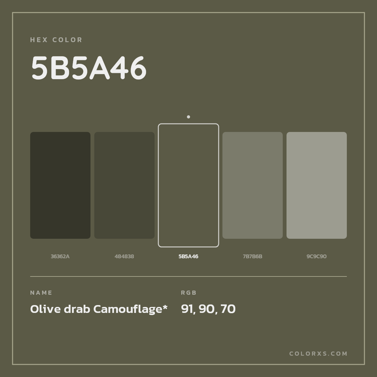 #5B5A46 hex color. RGB, RYB, CMYK, HSL, HSV codes and color conversions. Matching color names, palettes, paints.