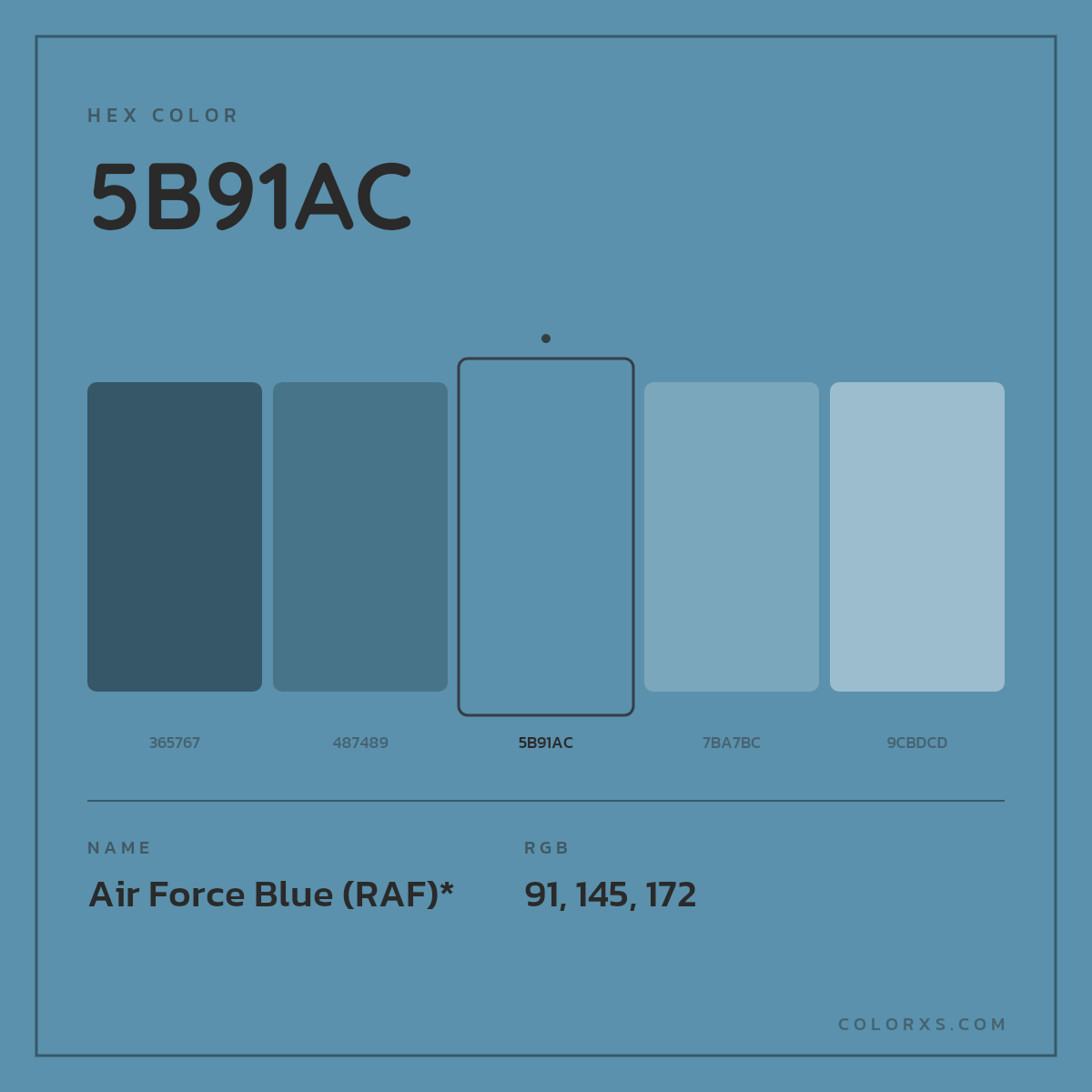 #5B91AC hex color. RGB, RYB, CMYK, HSL, HSV codes and color conversions. Matching color names, palettes, paints.