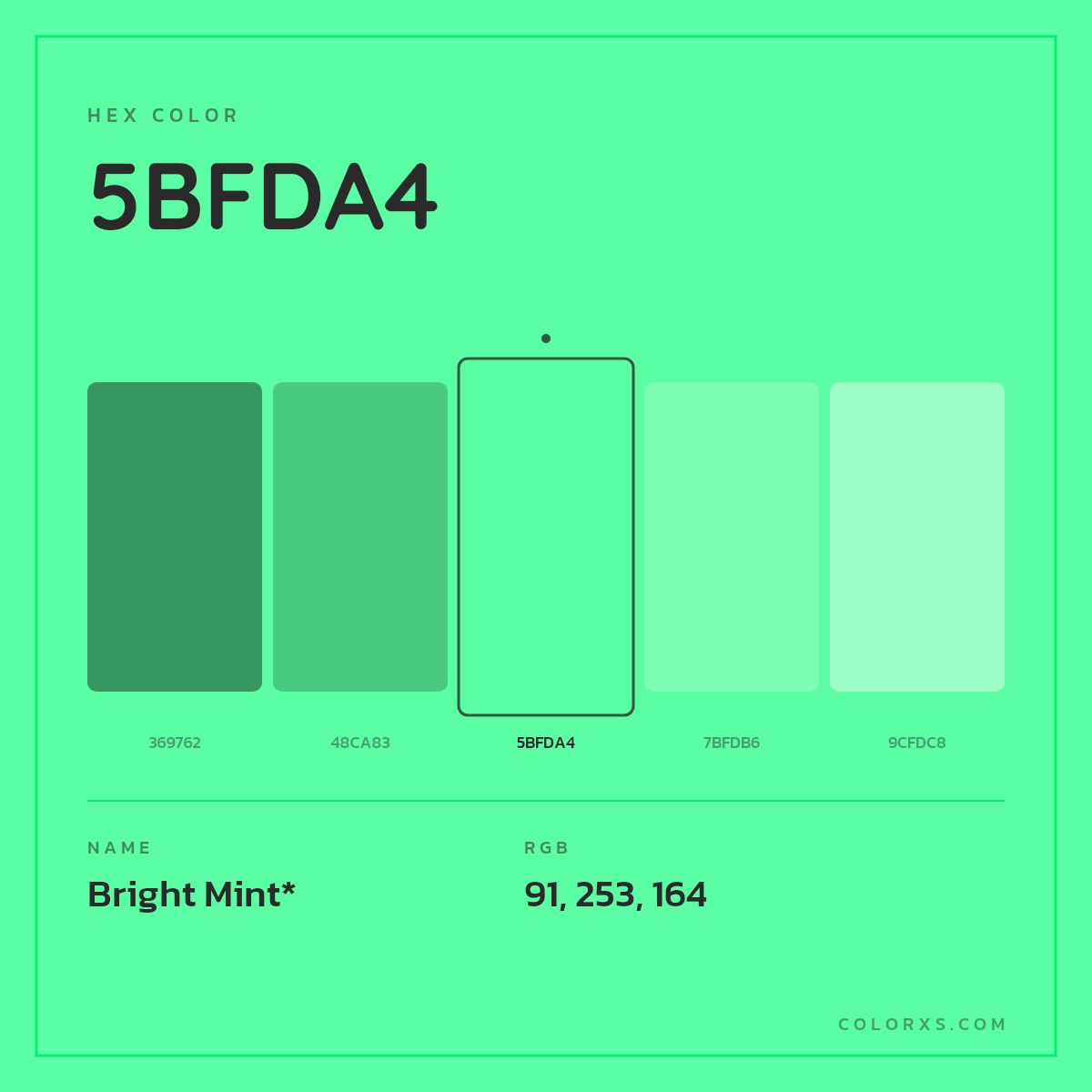 #5BFDA4 hex color. RGB, RYB, CMYK, HSL, HSV codes and color conversions. Matching color names, palettes, paints.