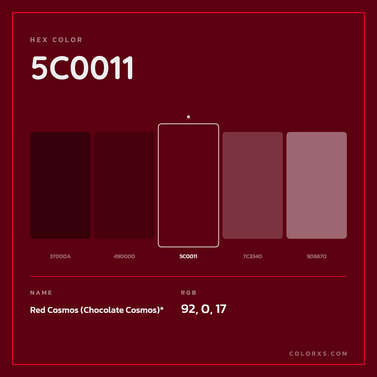 #5C0011 hex color. RGB, RYB, CMYK, HSL, HSV codes and color conversions. Matching color names, palettes, paints.