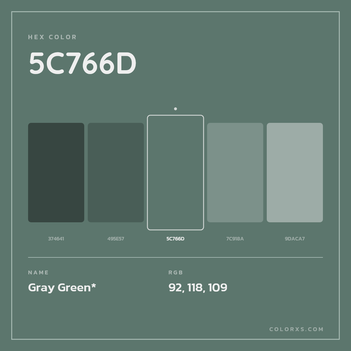 #5C766D hex color. RGB, RYB, CMYK, HSL, HSV codes and color conversions. Matching color names, palettes, paints.