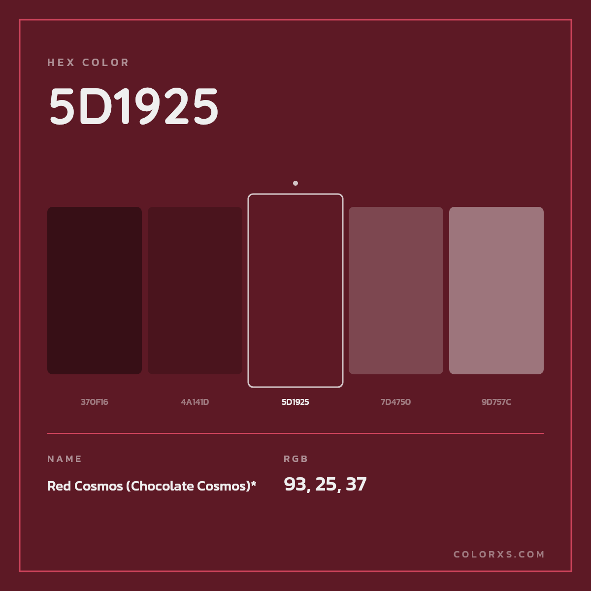 #5D1925 hex color. RGB, RYB, CMYK, HSL, HSV codes and color conversions. Matching color names, palettes, paints.