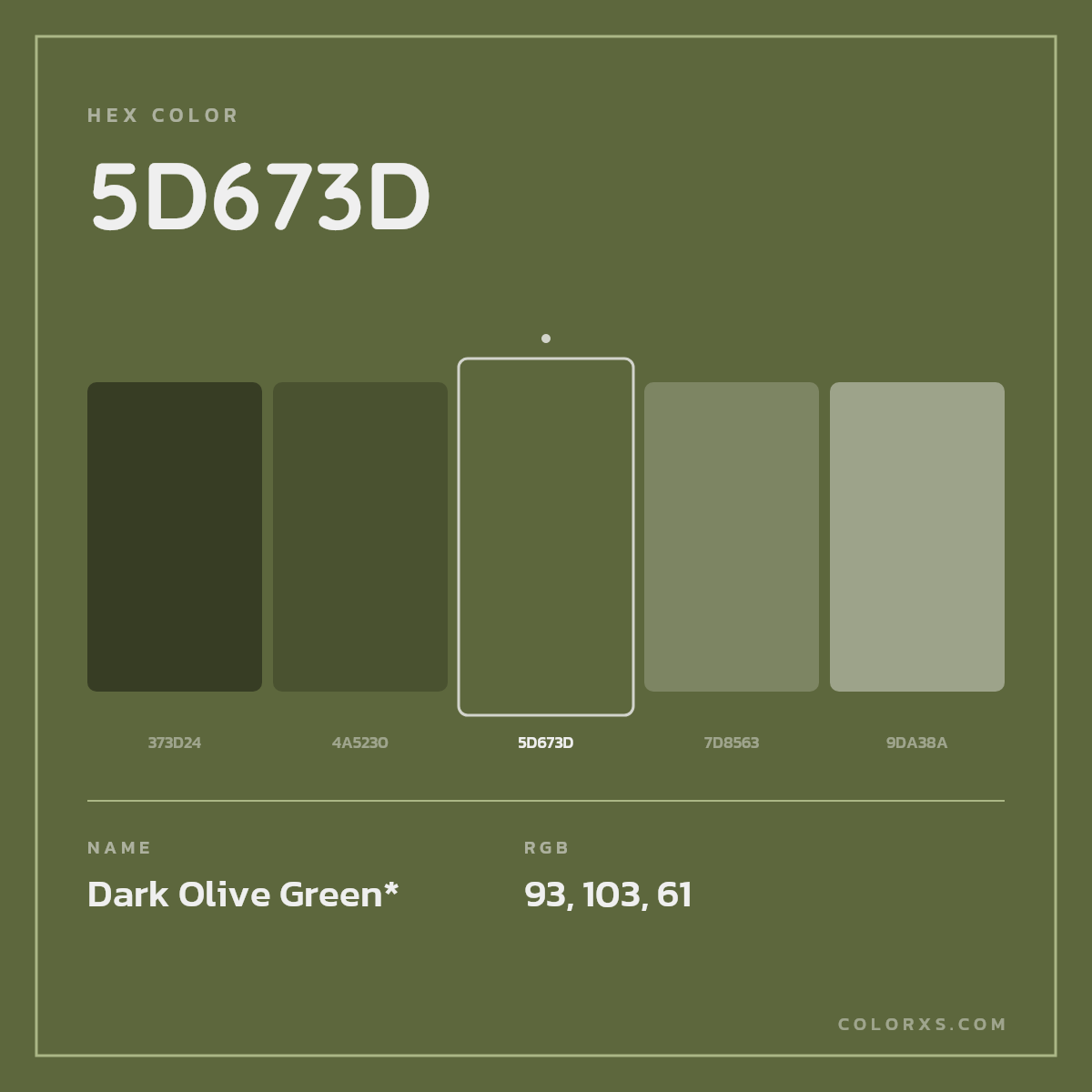 #5D673D hex color. RGB, RYB, CMYK, HSL, HSV codes and color conversions. Matching color names, palettes, paints.