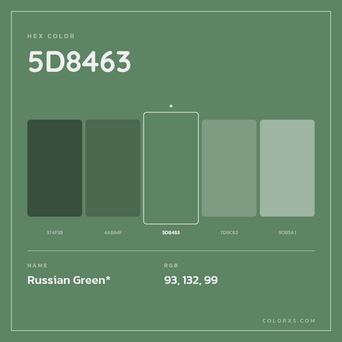#5D8463 hex color. RGB, RYB, CMYK, HSL, HSV codes and color conversions. Matching color names, palettes, paints.