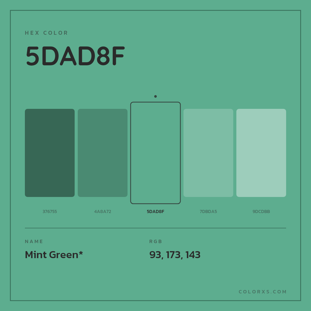 #5DAD8F hex color. RGB, RYB, CMYK, HSL, HSV codes and color conversions. Matching color names, palettes, paints.