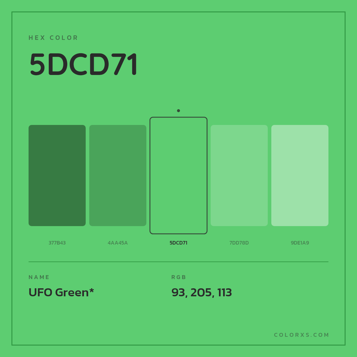 #5DCD71 hex color. RGB, RYB, CMYK, HSL, HSV codes and color conversions. Matching color names, palettes, paints.